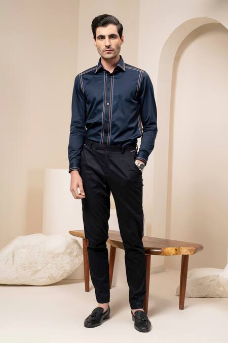 Abkasa_Blue Cotton Stiped Embroidered Shirt _Online_at_Aza_Fashions