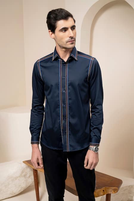 Buy_Abkasa_Blue Cotton Stiped Embroidered Shirt _Online_at_Aza_Fashions
