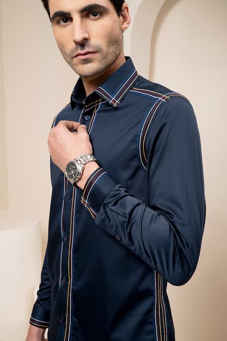 Shop_Abkasa_Blue Cotton Stiped Embroidered Shirt _Online_at_Aza_Fashions