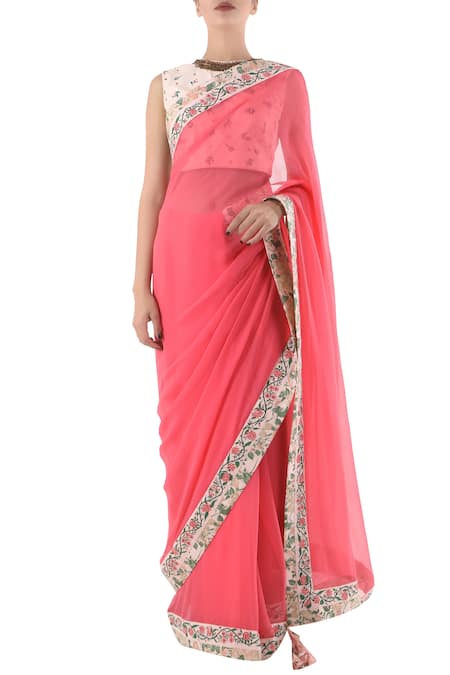 Nikasha_Pink Round Chiffon Silk Saree With Blouse _Online_at_Aza_Fashions