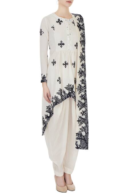 Kisneel By Pam_Ivory Pure Cotton Printed Round Neckline Patchwork Kurta With Dhoti Pants_Online_at_Aza_Fashions