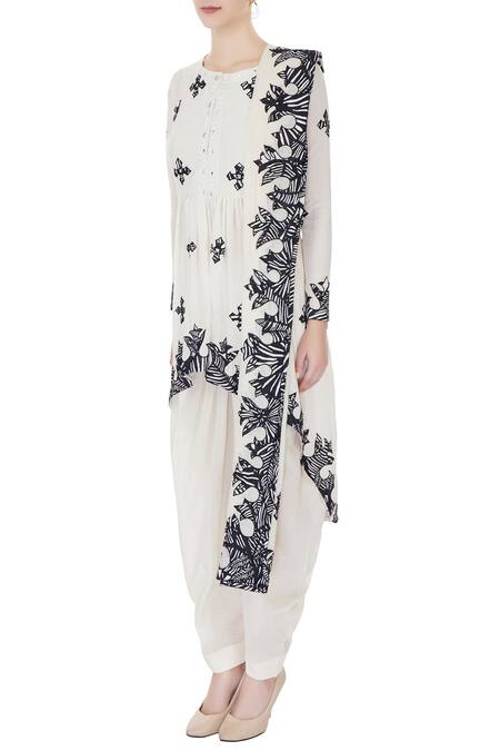 Buy_Kisneel By Pam_Ivory Pure Cotton Printed Round Neckline Patchwork Kurta With Dhoti Pants_Online_at_Aza_Fashions
