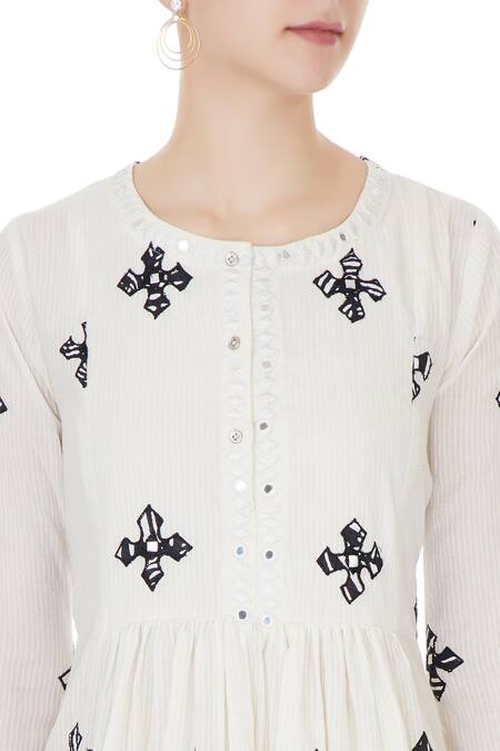 Kisneel By Pam_Ivory Pure Cotton Printed Round Neckline Patchwork Kurta With Dhoti Pants_at_Aza_Fashions