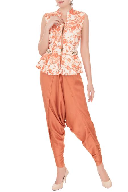 Natasha J Orange Mandarin Collar Printed Peplum Top And Dhoti Pant Set For Women
