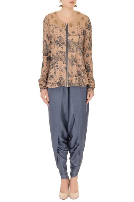 Shop Natasha J Beige Round Printed Tunic And Dhoti Pant Set Online at Aza Fashions Shop_Natasha J_Beige Round Printed Tunic And Dhoti Pant Set _Online_at_Aza_Fashions