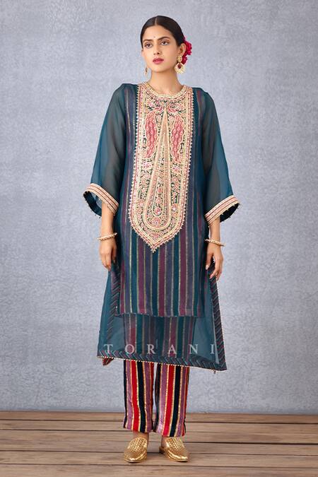 Buy_Torani_Blue Inner And Pant Velvet & Kurta Shabnami Revathi Sheer & Set _Online_at_Aza_Fashions