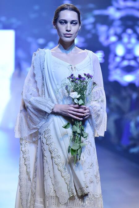 House Of Kotwara_Off White Butterfly Net Embroidered Thread Kurta Gharara Set  _Online_at_Aza_Fashions