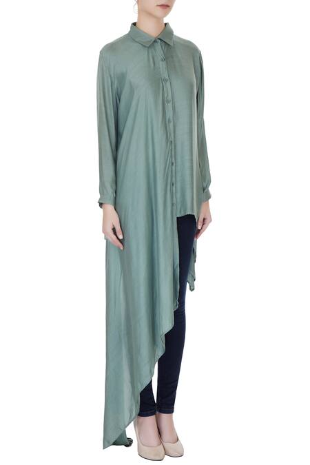Ezra_Blue Cotton Satin Asymmetric Shirt_Online_at_Aza_Fashions
