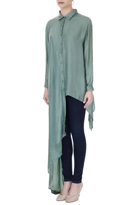 Buy_Ezra_Blue Cotton Satin Asymmetric Shirt_Online_at_Aza_Fashions