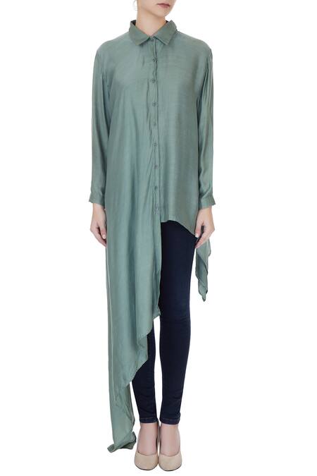 Shop_Ezra_Blue Cotton Satin Asymmetric Shirt_Online_at_Aza_Fashions