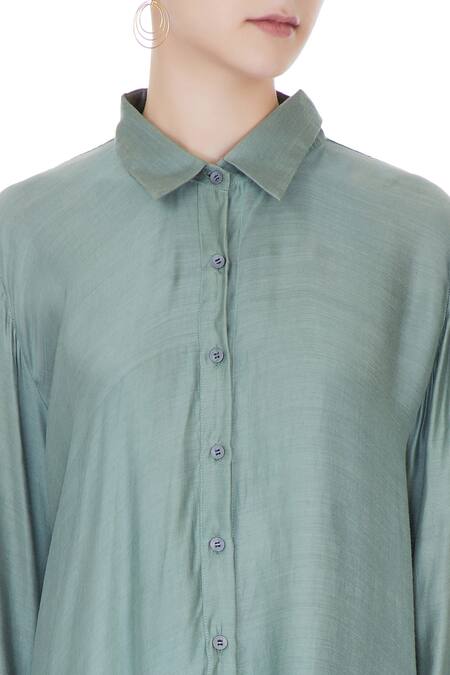 Ezra_Blue Cotton Satin Asymmetric Shirt_at_Aza_Fashions