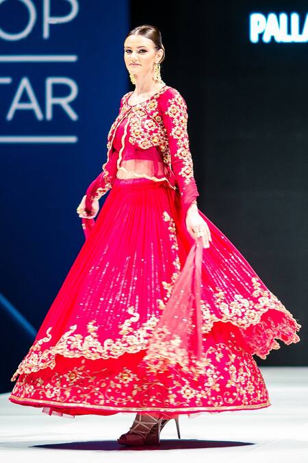 Pallavi Jaipur_Chiffon Silk Embroidered Jacket And Lehenga Set_Online_at_Aza_Fashions