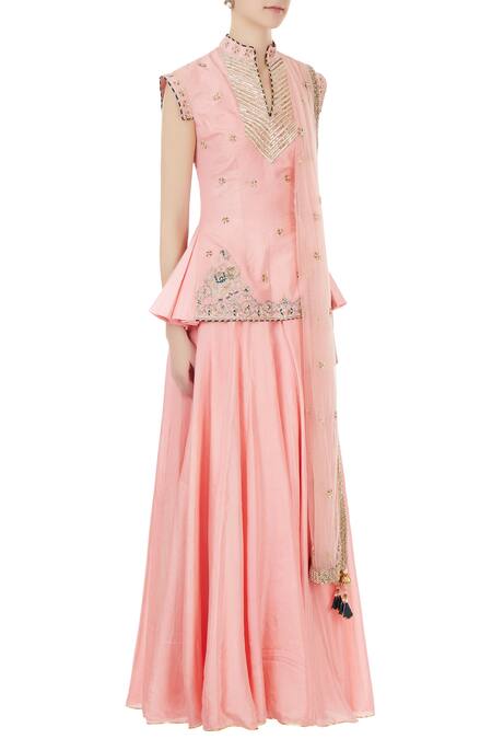 Priyanka Singh_Pink Mandarin Collar Silk Lehenga Set  _Online_at_Aza_Fashions