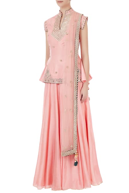 Buy_Priyanka Singh_Pink Mandarin Collar Silk Lehenga Set  _Online_at_Aza_Fashions