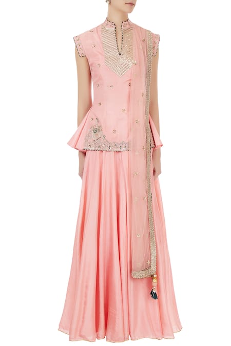 Shop_Priyanka Singh_Pink Mandarin Collar Silk Lehenga Set  _Online_at_Aza_Fashions