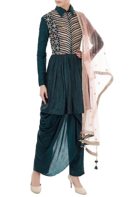 Priyanka Singh Green Spread Collar Silk Kurta And Draped Pant Set  