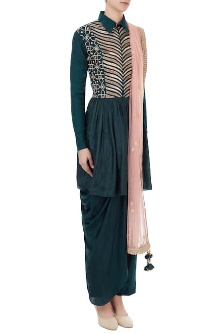 Priyanka Singh_Green Spread Collar Silk Kurta And Draped Pant Set  _Online_at_Aza_Fashions