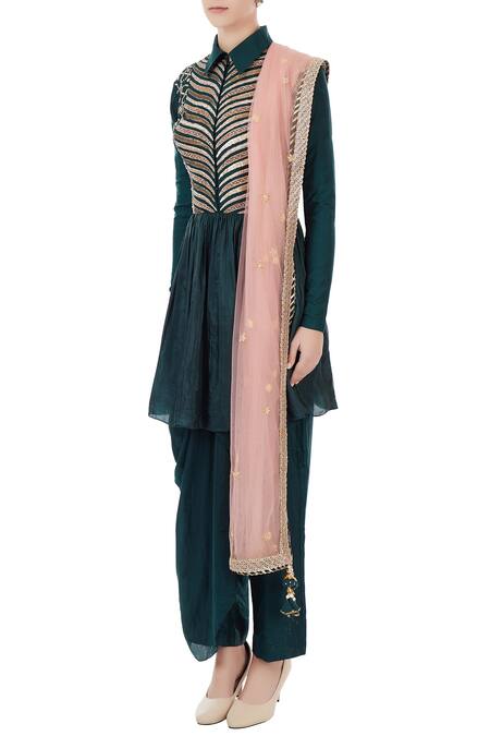 Buy_Priyanka Singh_Green Spread Collar Silk Kurta And Draped Pant Set  _Online_at_Aza_Fashions