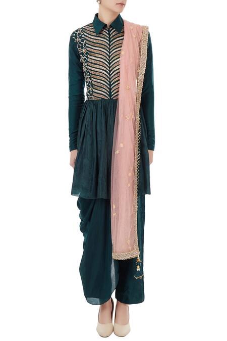 Shop_Priyanka Singh_Green Spread Collar Silk Kurta And Draped Pant Set  _Online_at_Aza_Fashions