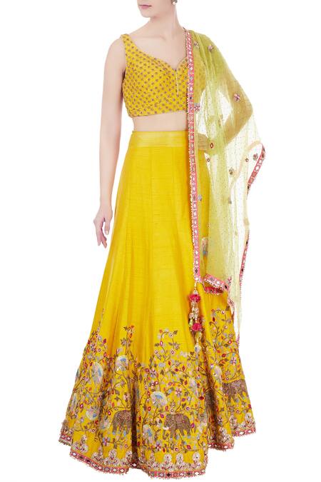 Priyanka Singh Yellow Leaf Neck Embroidered Lehenga Set For Women