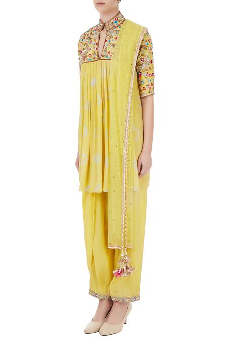 Buy_Priyanka Singh_Yellow Crepe Embroidered Resham Work Kurta Set  _Online_at_Aza_Fashions