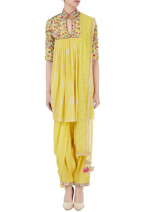 Shop_Priyanka Singh_Yellow Crepe Embroidered Resham Work Kurta Set  _Online_at_Aza_Fashions