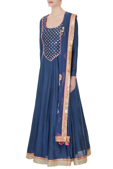 Buy_Avnni Kapur_Blue Kattana Silk Embroidered Thread Work Scoop Neck Anarkali With Dupatta _Online_at_Aza_Fashions