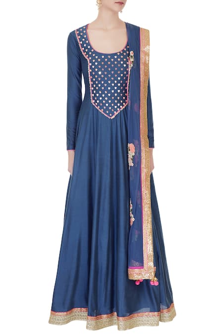Shop_Avnni Kapur_Blue Kattana Silk Embroidered Thread Work Scoop Neck Anarkali With Dupatta _Online_at_Aza_Fashions