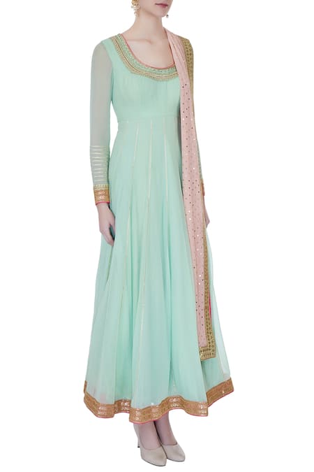 Avnni Kapur_Green Georgette Embroidered Pearl Scoop Neck Anarkali With Dupatta_Online_at_Aza_Fashions