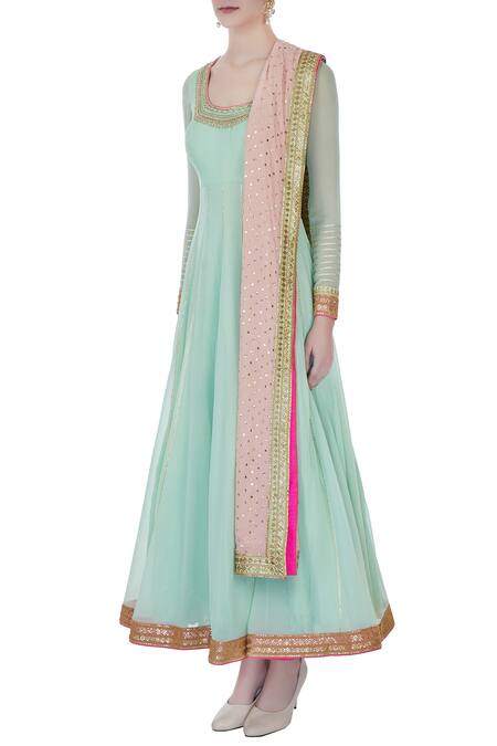 Buy_Avnni Kapur_Green Georgette Embroidered Pearl Scoop Neck Anarkali With Dupatta_Online_at_Aza_Fashions