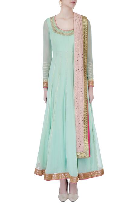 Shop_Avnni Kapur_Green Georgette Embroidered Pearl Scoop Neck Anarkali With Dupatta_Online_at_Aza_Fashions