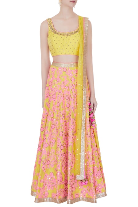 Shop_Avnni Kapur_Yellow Katan Silk Embroidered Thread Work Scoop Neck Lehenga Set _Online_at_Aza_Fashions