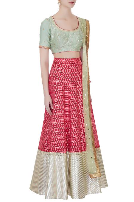 Avnni Kapur_Red Banarasi Woven Round Neck Lehenga Set_Online_at_Aza_Fashions