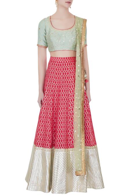 Shop_Avnni Kapur_Red Banarasi Woven Round Neck Lehenga Set_Online_at_Aza_Fashions