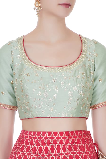 Avnni Kapur_Red Banarasi Woven Round Neck Lehenga Set_at_Aza_Fashions