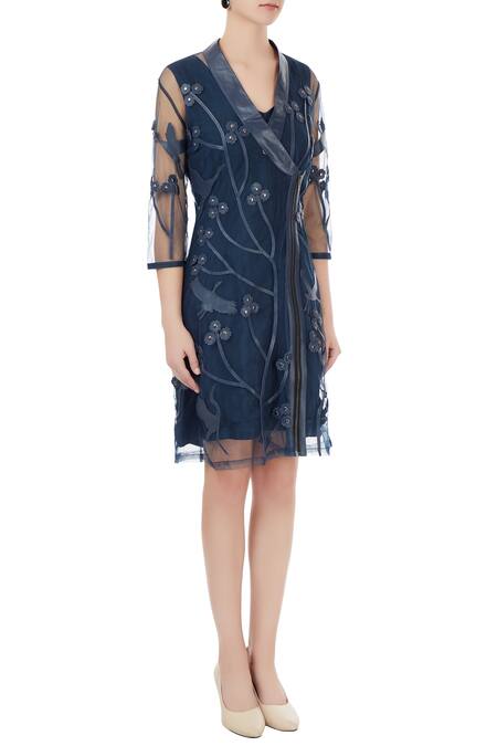 Devina Juneja_Blue V Neck Sheer Jacket Dress_Online_at_Aza_Fashions