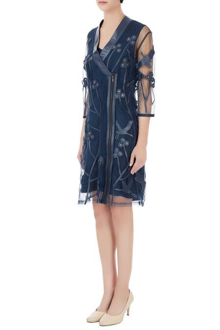 Buy_Devina Juneja_Blue V Neck Sheer Jacket Dress_Online_at_Aza_Fashions