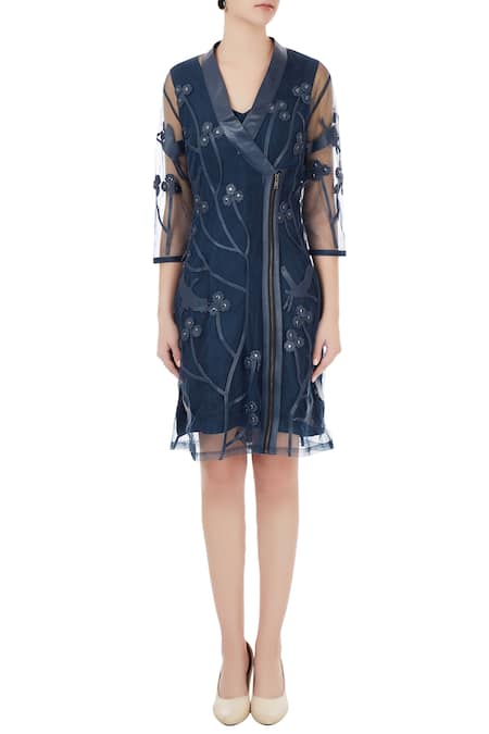 Shop_Devina Juneja_Blue V Neck Sheer Jacket Dress_Online_at_Aza_Fashions