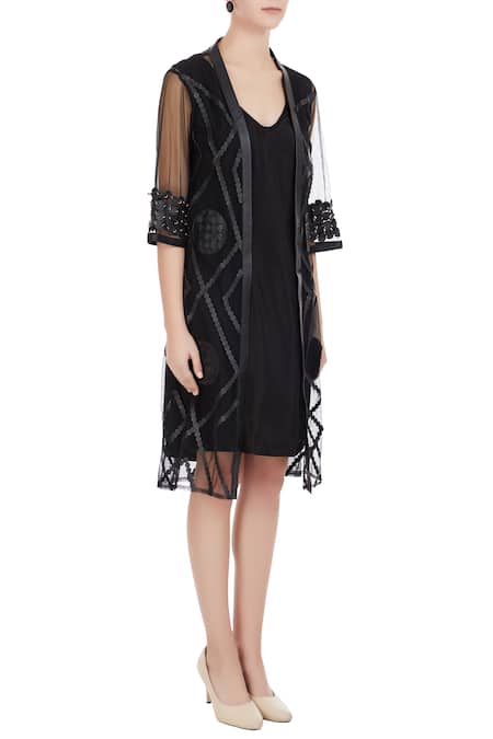 Devina Juneja_Black Na Sheer Long Jacket  _Online_at_Aza_Fashions