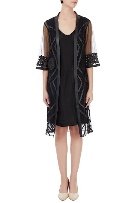 Shop_Devina Juneja_Black Na Sheer Long Jacket  _Online_at_Aza_Fashions