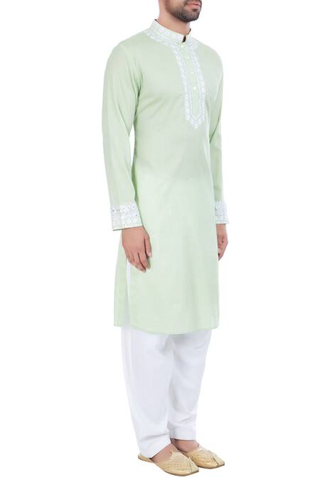 Mehraab Green Mix Blend Embroidered Mirror Work Kurta Online at Aza Fashions Mehraab_Green Mix Blend Embroidered Mirror Work Kurta _Online_at_Aza_Fashions