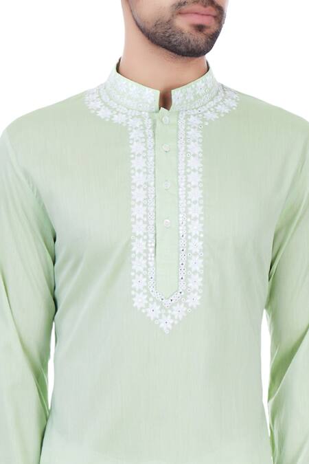 Mehraab Green Mix Blend Embroidered Mirror Work Kurta at Aza Fashions Mehraab_Green Mix Blend Embroidered Mirror Work Kurta _at_Aza_Fashions