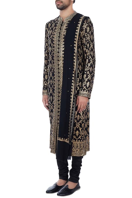Buy_Mehraab_Black Georgette Embroidered Sequin Work Kurta With Dupatta  _Online_at_Aza_Fashions