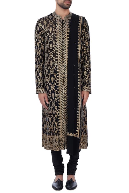 Shop_Mehraab_Black Georgette Embroidered Sequin Work Kurta With Dupatta  _Online_at_Aza_Fashions