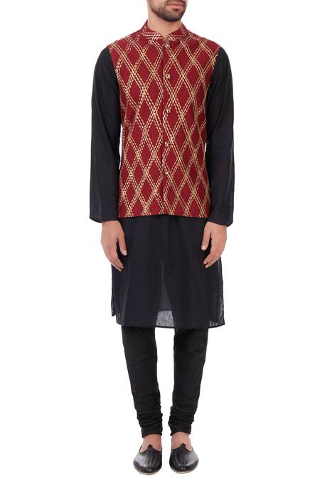 Shop Mehraab Maroon Mix Blend Pintuck Detailing Embroidered Nehru Jacket Online at Aza Fashions Shop_Mehraab_Maroon Mix Blend Pintuck Detailing Embroidered Nehru Jacket _Online_at_Aza_Fashions