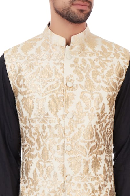 Mehraab Off White Mix Blend Poly Silk Woven Nehru Jacket at Aza Fashions Mehraab_Off White Mix Blend Poly Silk Woven Nehru Jacket _at_Aza_Fashions