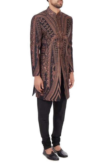 Mehraab_Black Mix Blend Poly-silk Printed Abstract Sherwani Jacket  _Online_at_Aza_Fashions