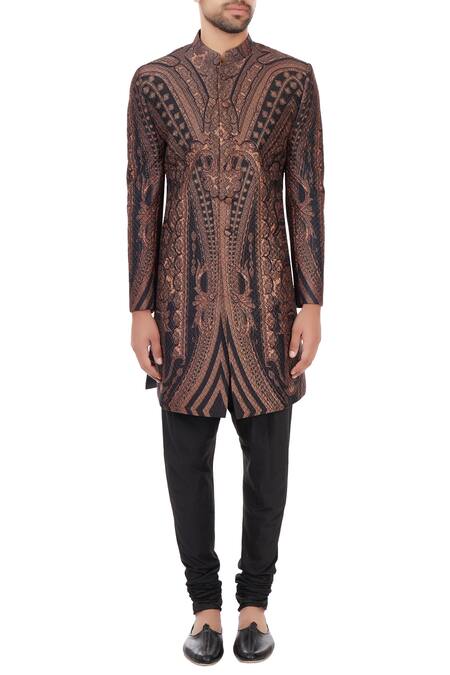 Shop_Mehraab_Black Mix Blend Poly-silk Printed Abstract Sherwani Jacket  _Online_at_Aza_Fashions