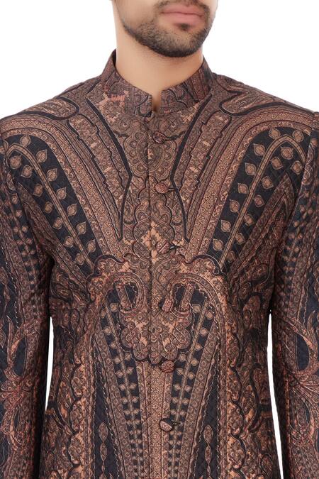 Mehraab_Black Mix Blend Poly-silk Printed Abstract Sherwani Jacket  _at_Aza_Fashions