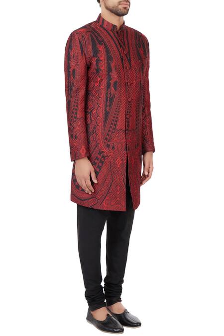 Mehraab_Black Mix Blend Poly-silk Printed Abstract Sherwani  _Online_at_Aza_Fashions